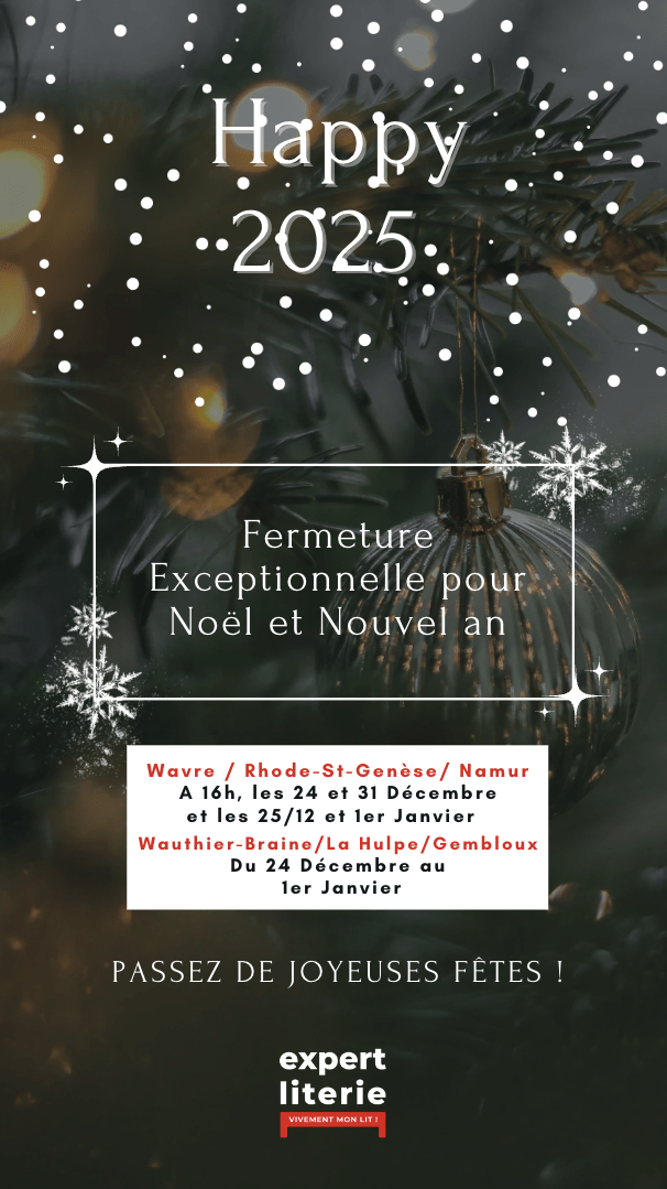 Affiche Happy 2025 d'Expert Literie avec fermeture exceptionnelle pour Noël et Nouvel an